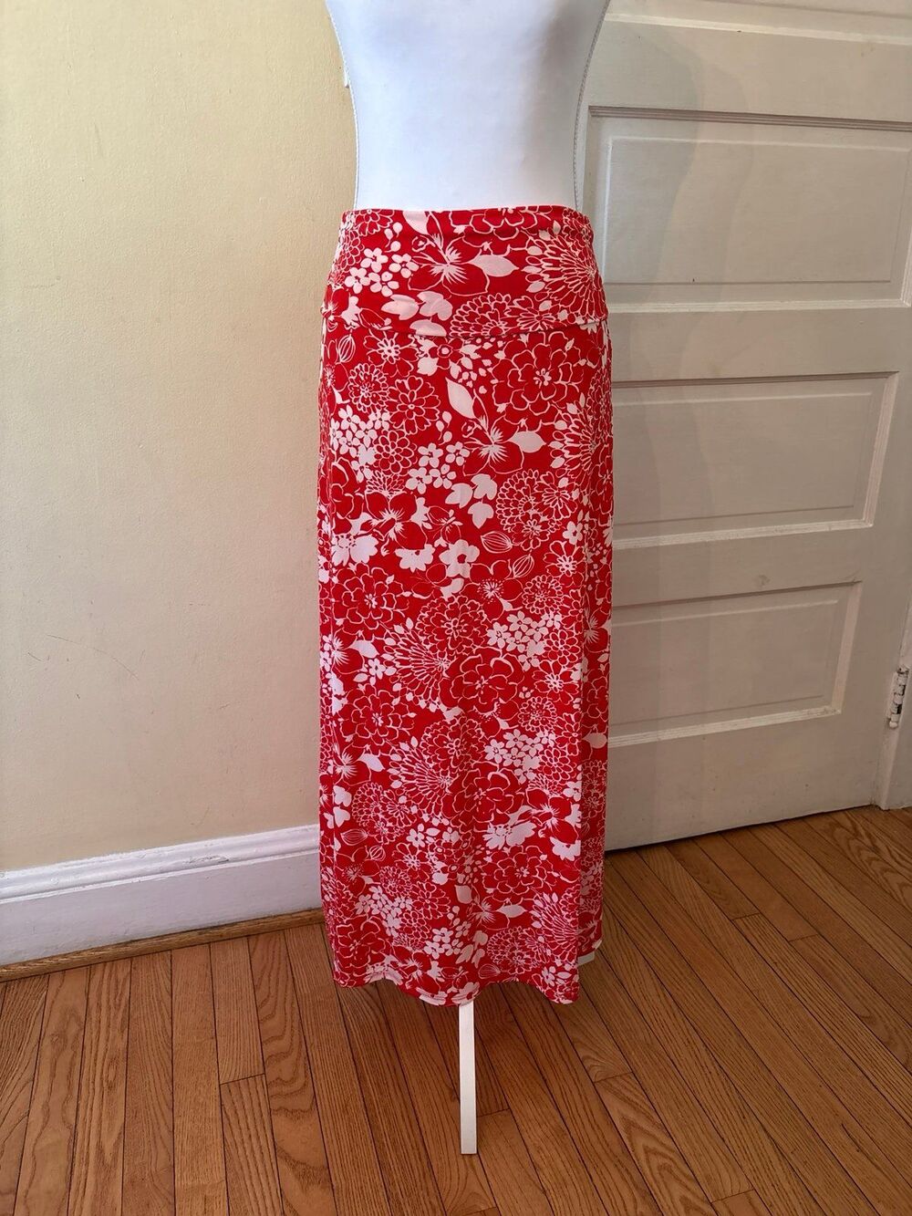 Maxi skirt tube dress strapless red white flowers fine line vintage original